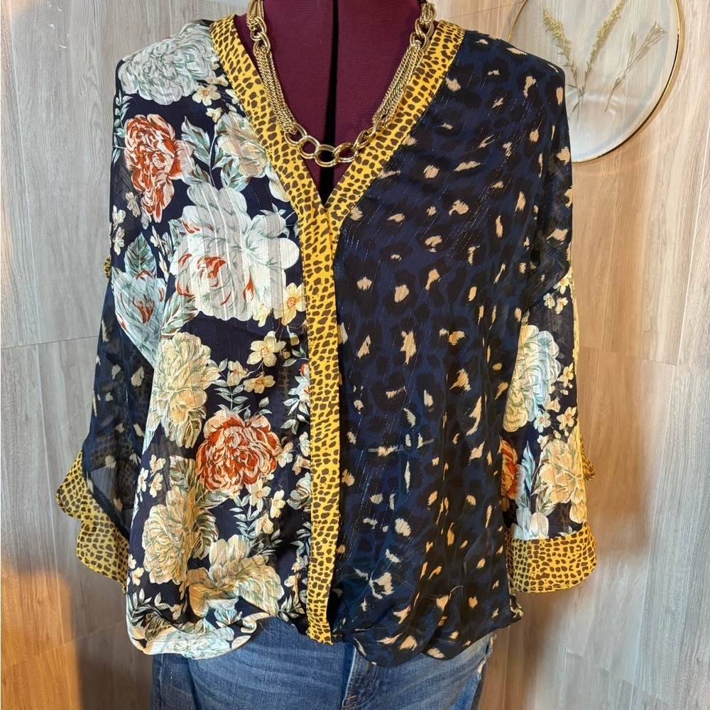 Umgee Navy Blue Floral & Leopard Mix Blouse with Gold Trim